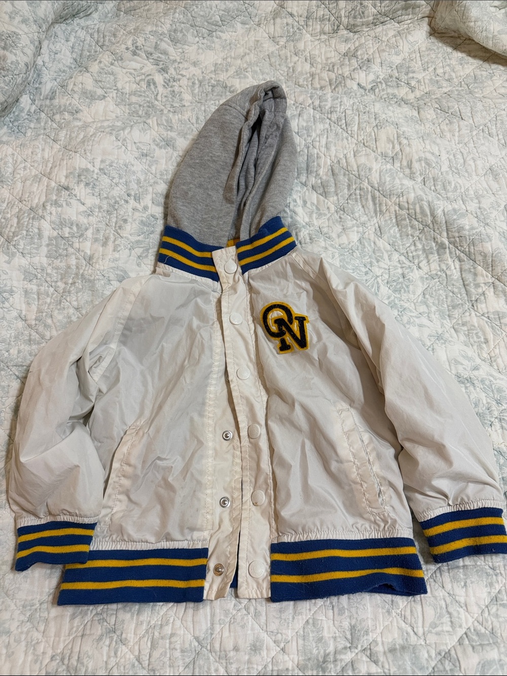 Old Navy White Hooded Varsity Jacket with Blue & Yellow Trim
